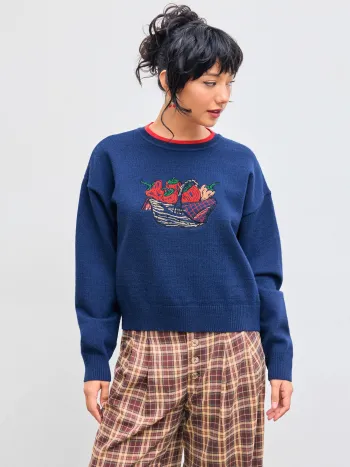 Knitted Round Neckline Basket Chili Contrasting Binding Long Sleeve Top