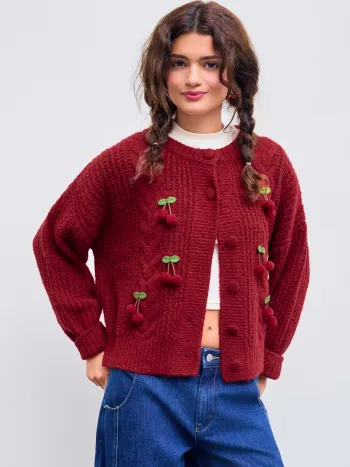 Cable Knit Round Neckline 3D Cherry Button Cardigan