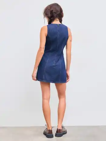 Denim Solid Zipper Sleeveless Mini Dress