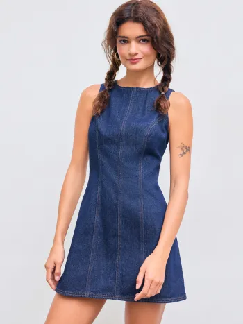 Denim Solid Zipper Sleeveless Mini Dress
