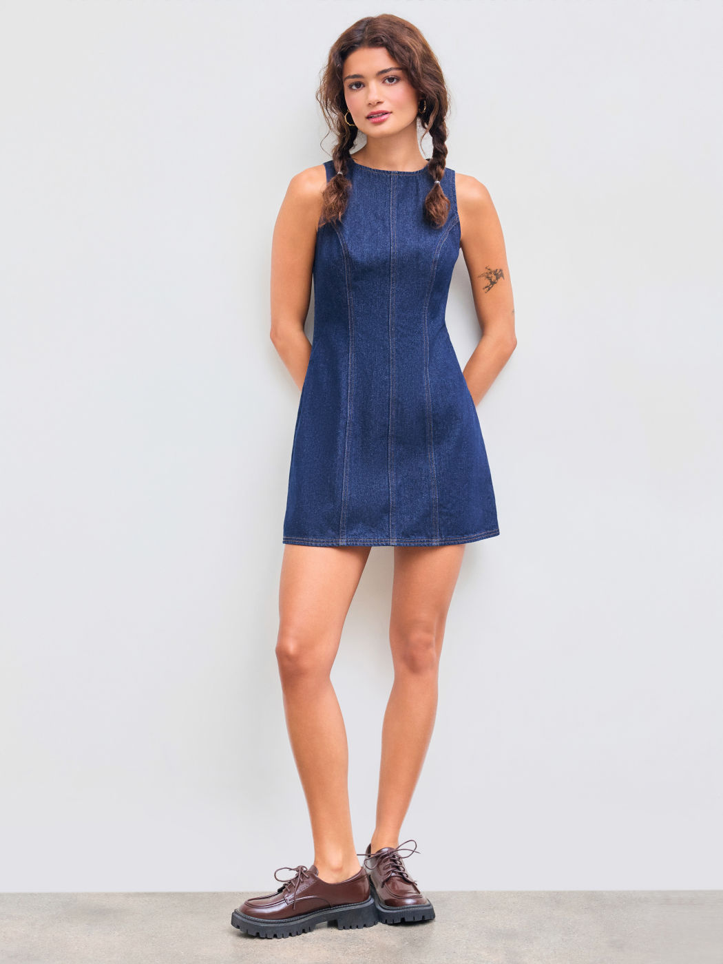 Denim Solid Zipper Sleeveless Mini Dress