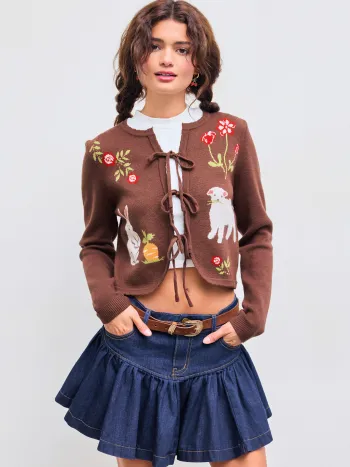 Knitted Round Neckline Floral & Rabbit Tie Front Knotted Cardigan