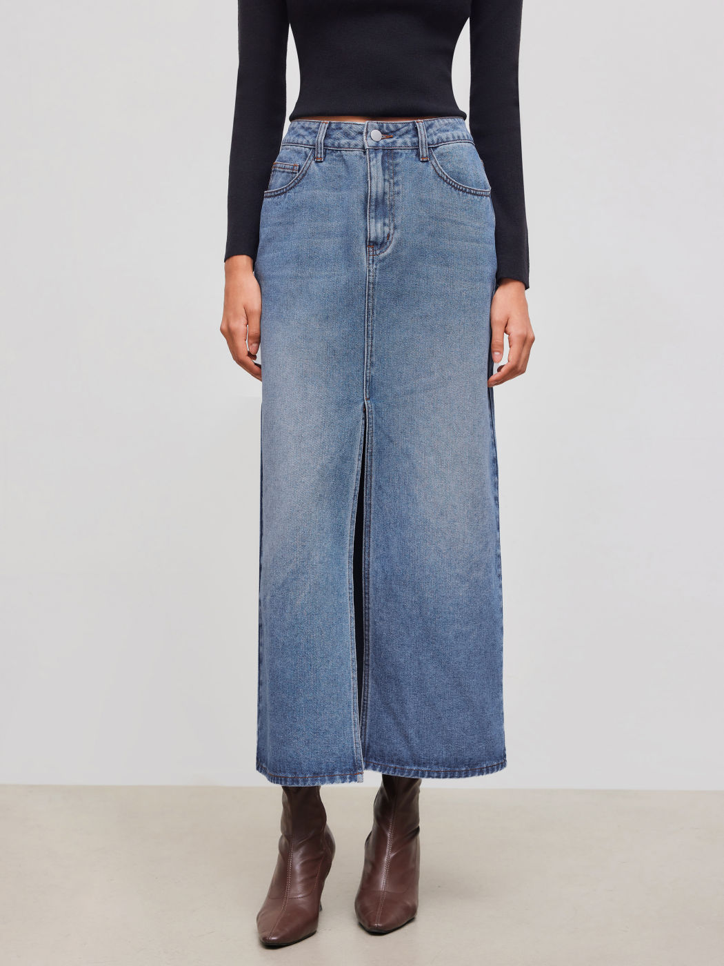 Cider Denim Mid Rise Solid Pocket Split Maxi Skirt