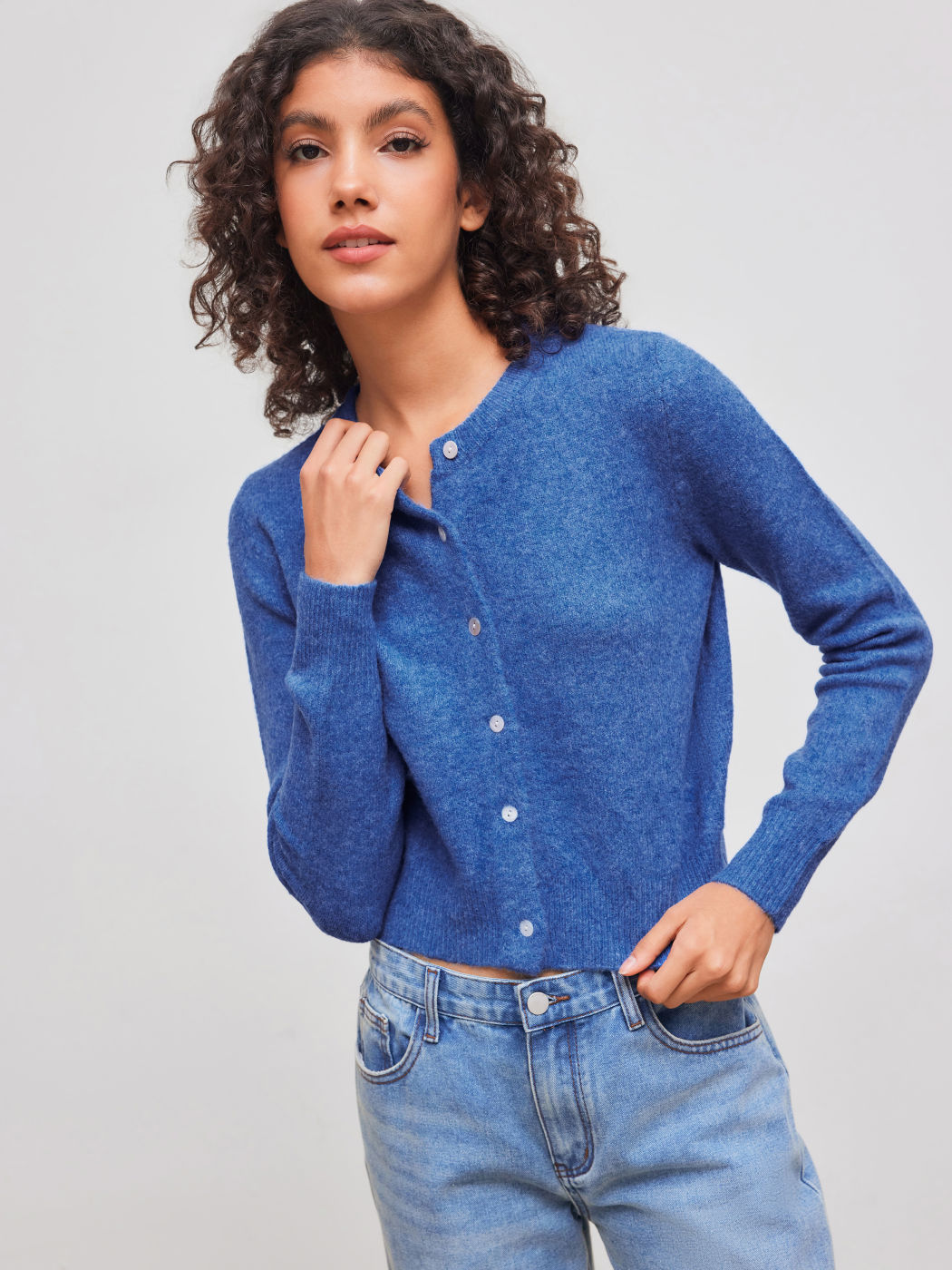 Wool-blend Round Neckline Solid Button Knitted Cardigan