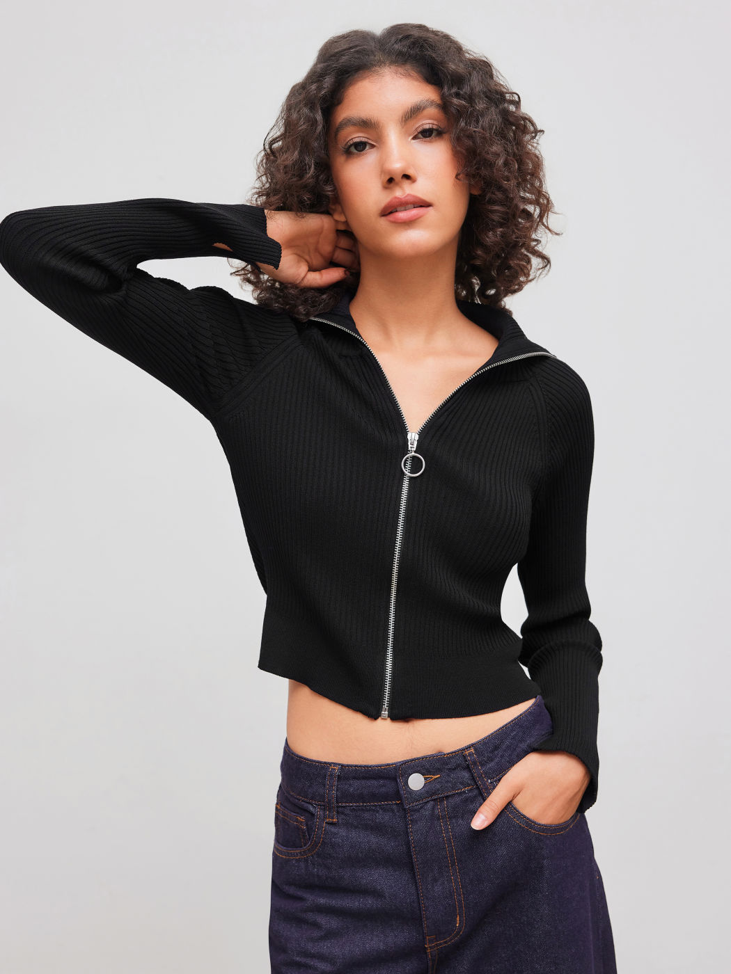 Knitted Collar Solid Zipper Cardigan