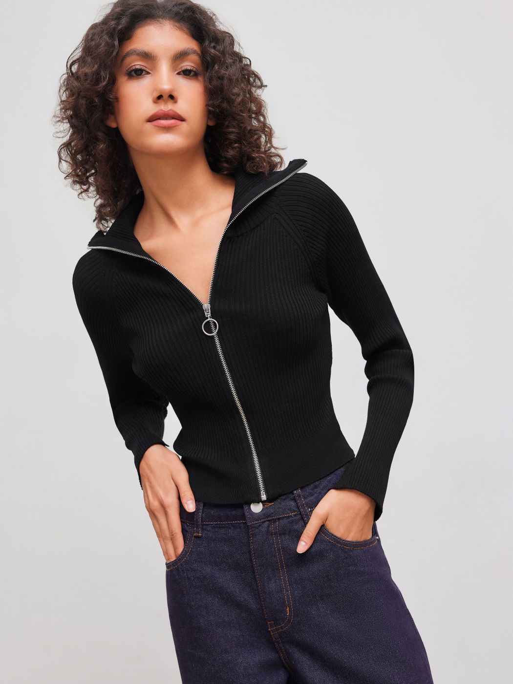 Gestrickter Kragen Einfarbiger Reißverschluss Strickjacke