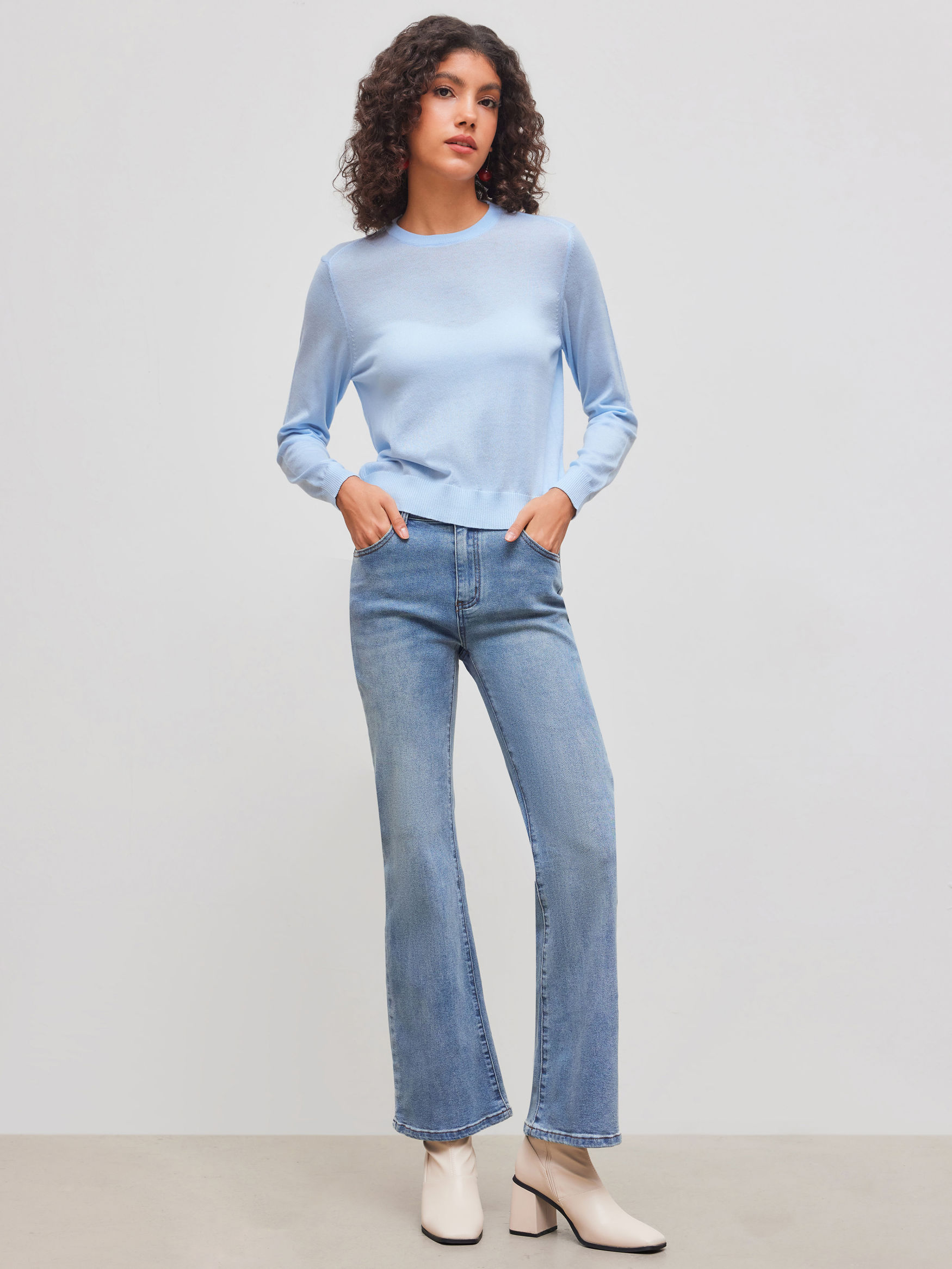 Wool-blend Round Neckline Solid Knitted Sweater