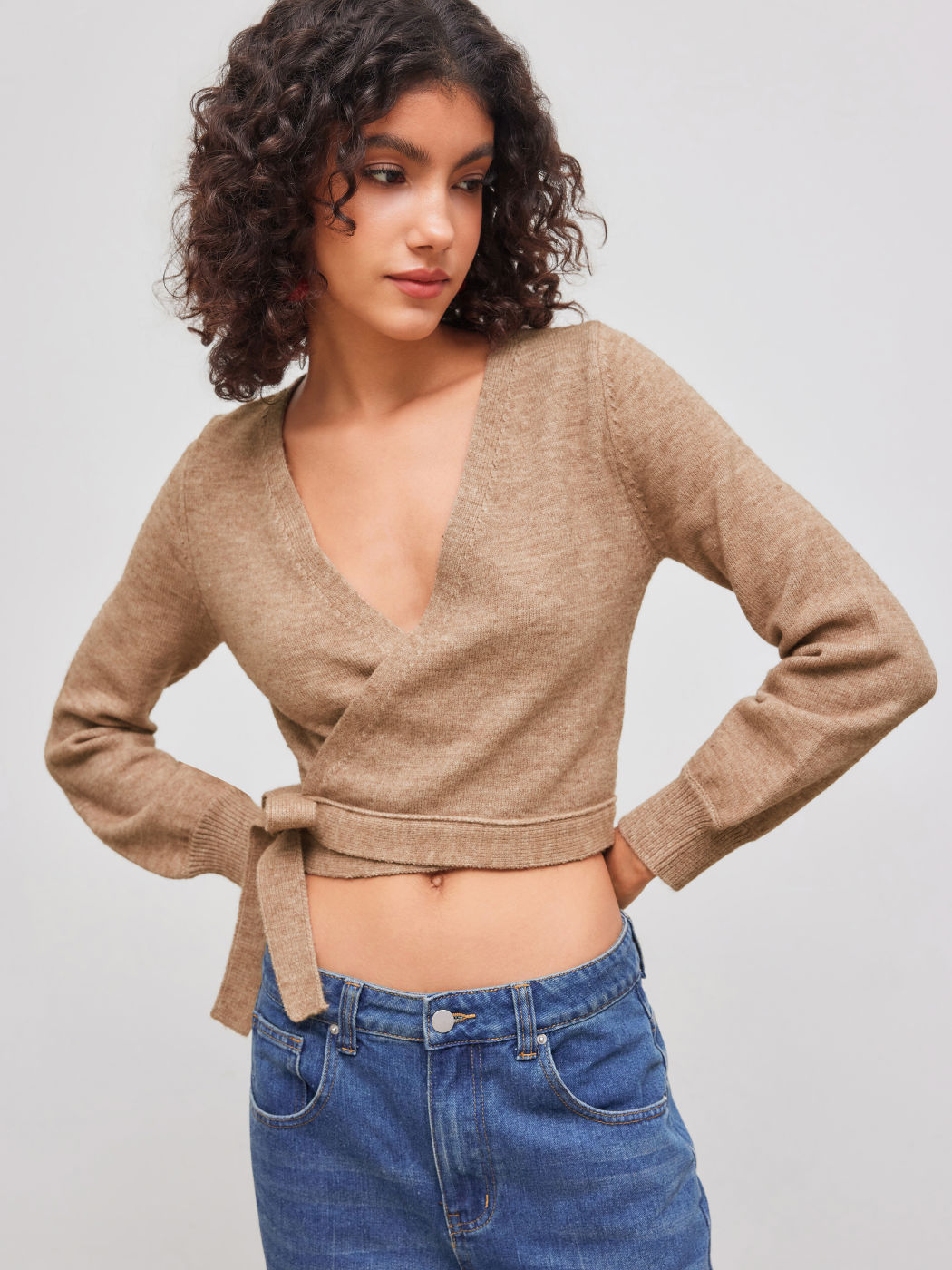 Knitted V-neck Solid Knotted Wrap Cardigan