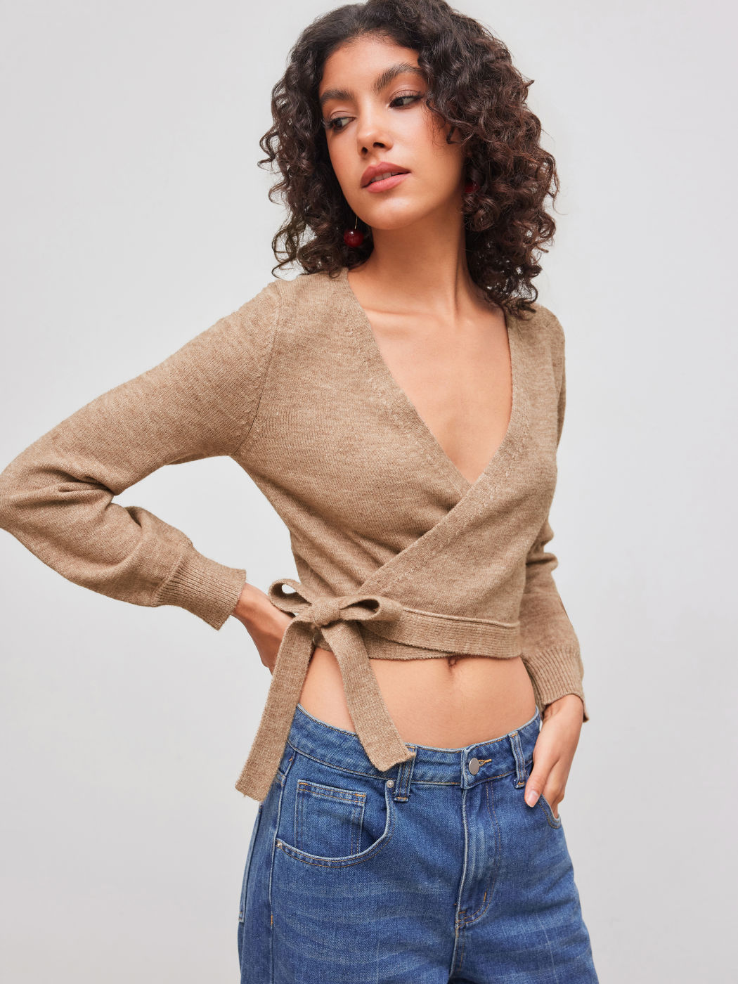 Knitted V-neck Solid Knotted Wrap Cardigan