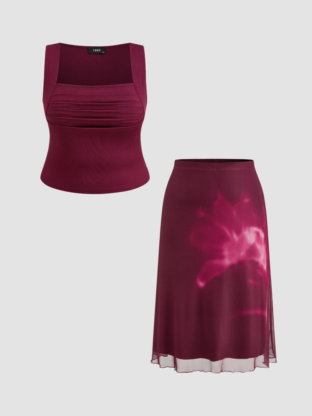 Square Neck Solid Ruched Tank Top &  Mid Rise Floral Ruffle Maxi Skirt Set Curve & Plus
