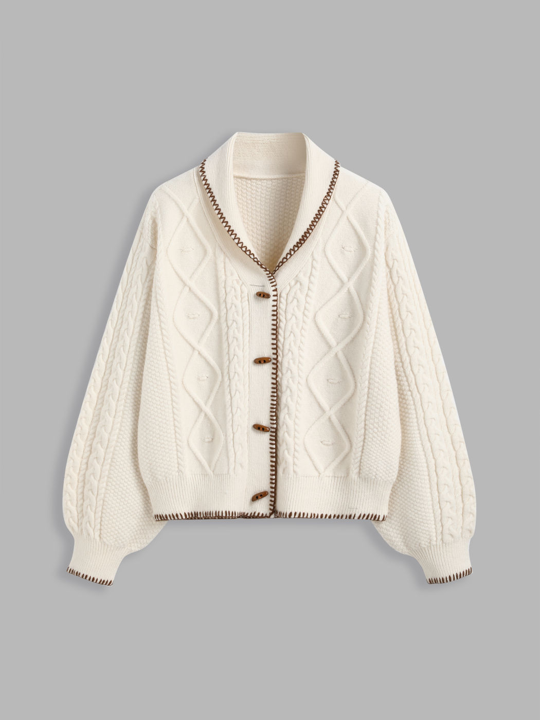 Zopfmuster Kragen Einfarbig Kontrastierende Bindung Knebelknopf Strickjacke