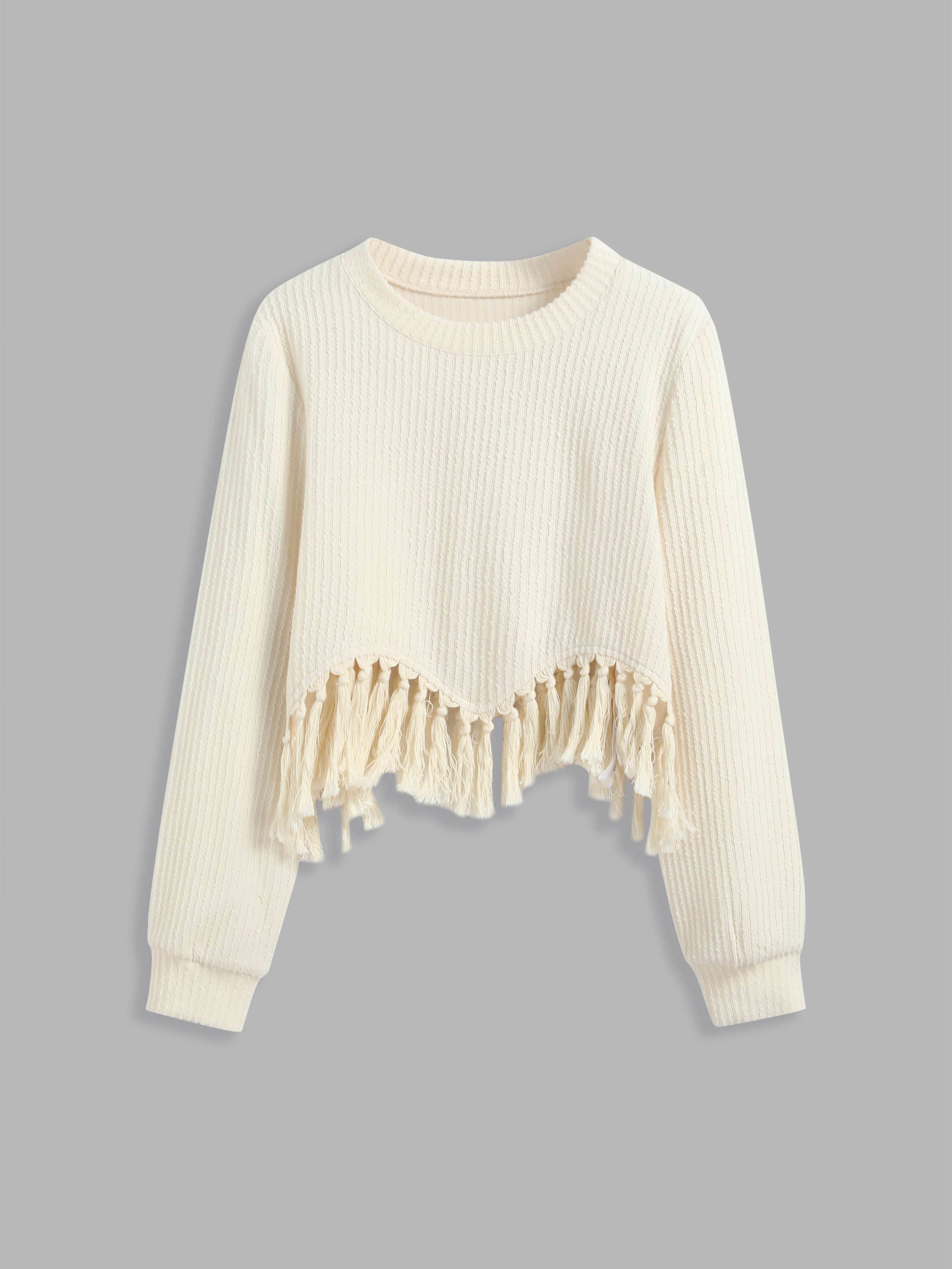 Knit Fabric Round Neckline Solid Fringe Long Sleeve Crop Top