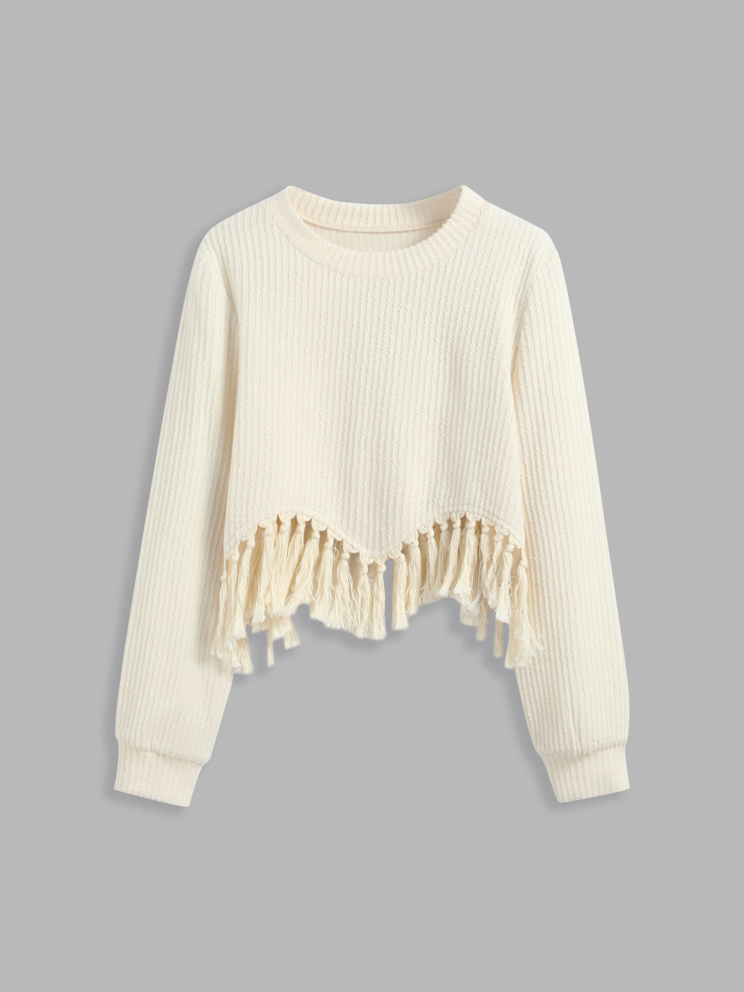 Rundhals Solid Fransen Langarm Crop Top
