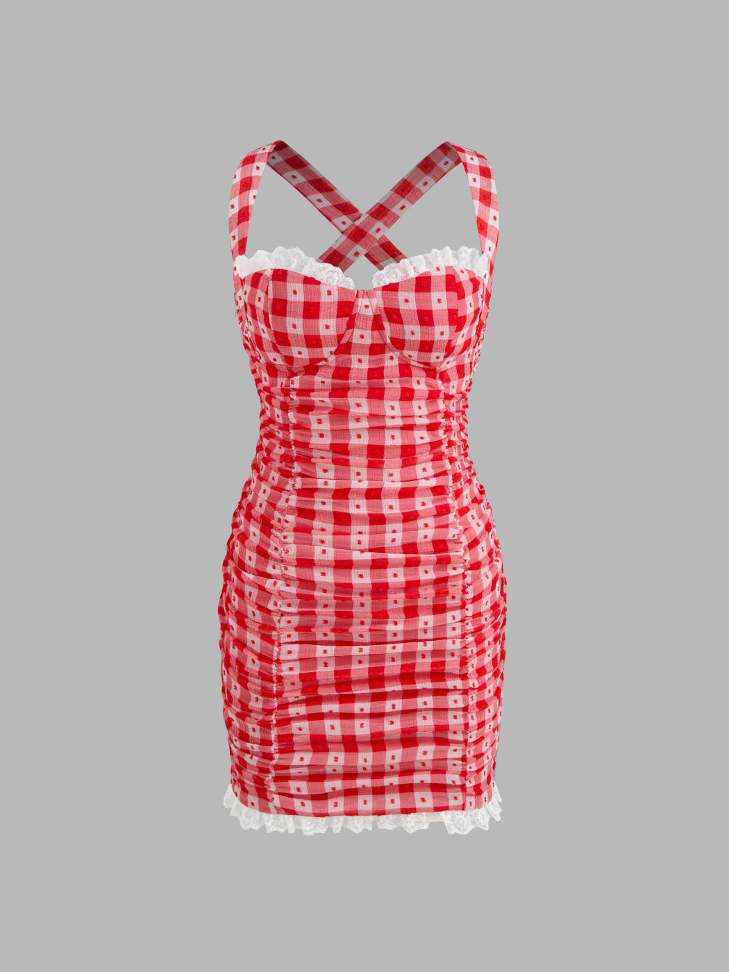 Kariertes Mini-Kleid mit Spitzenrand und Rüschen im Kreuzmuster