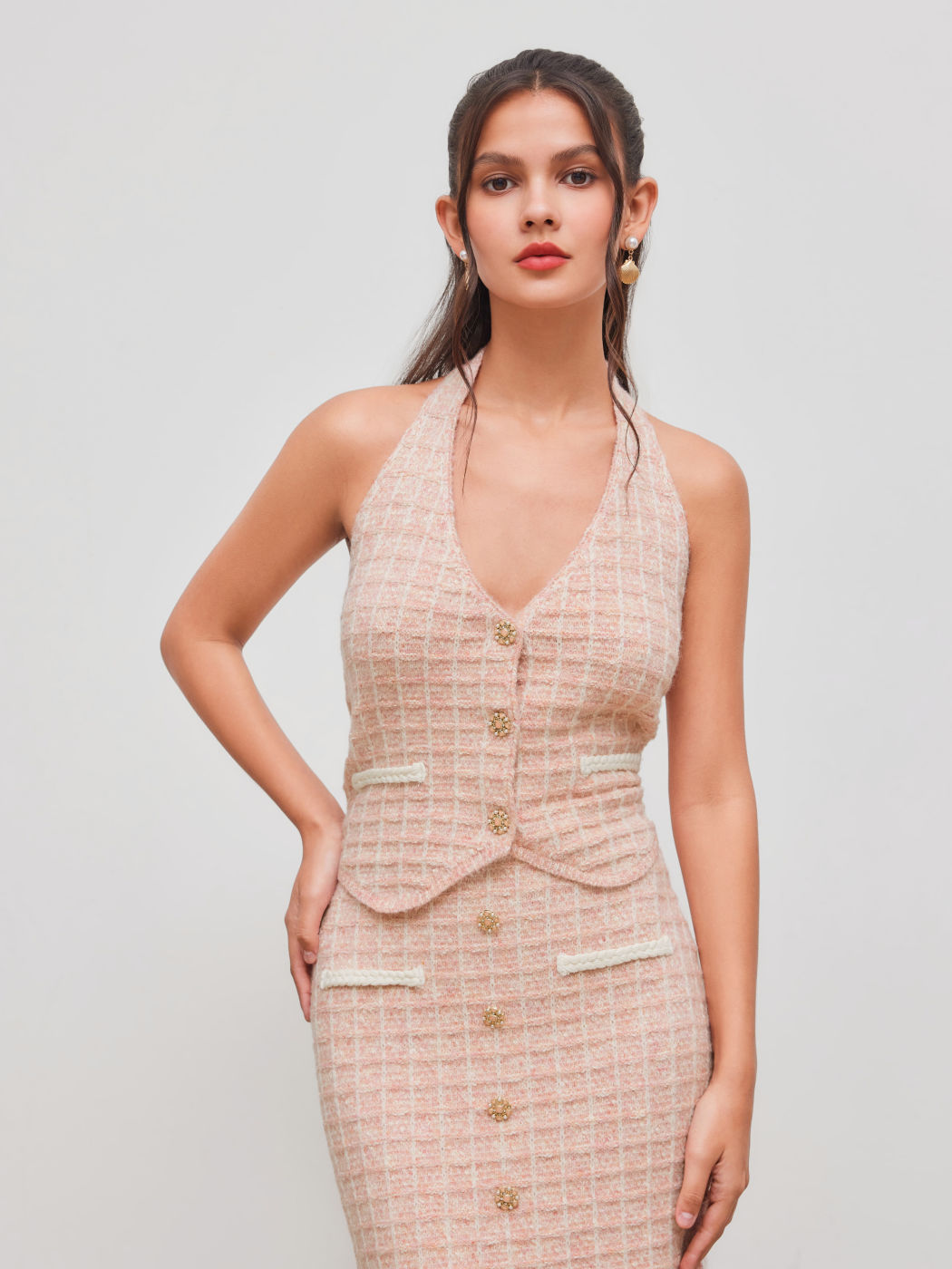 Knit Halter Neckline Check Button Crop Top