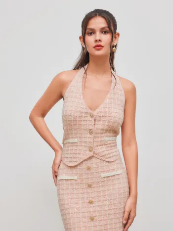 Knit Halter Neckline Check Button Crop Top