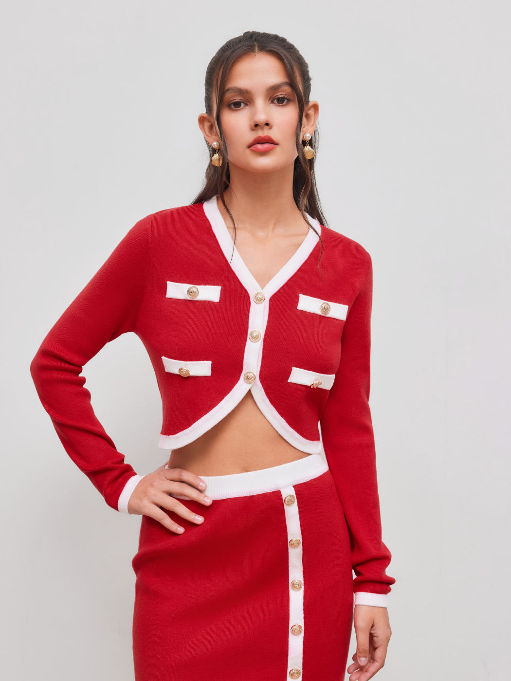 Knit V-neck Solid  Contrasting Binding Button Cardigan