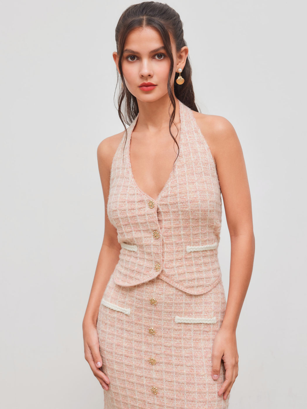 Knit Halter Neckline Check Button Crop Top