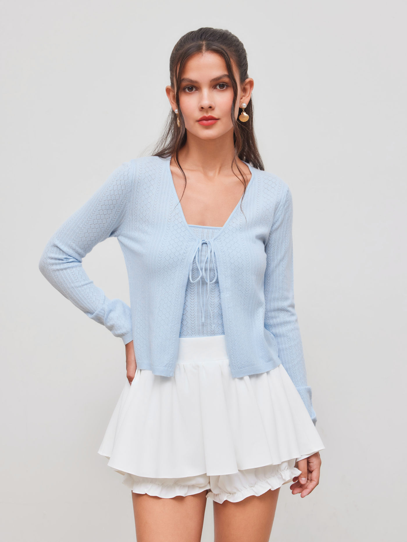 Knit V-neck Solid Knotted Long Sleeve Cardigan With Crop Tube Top