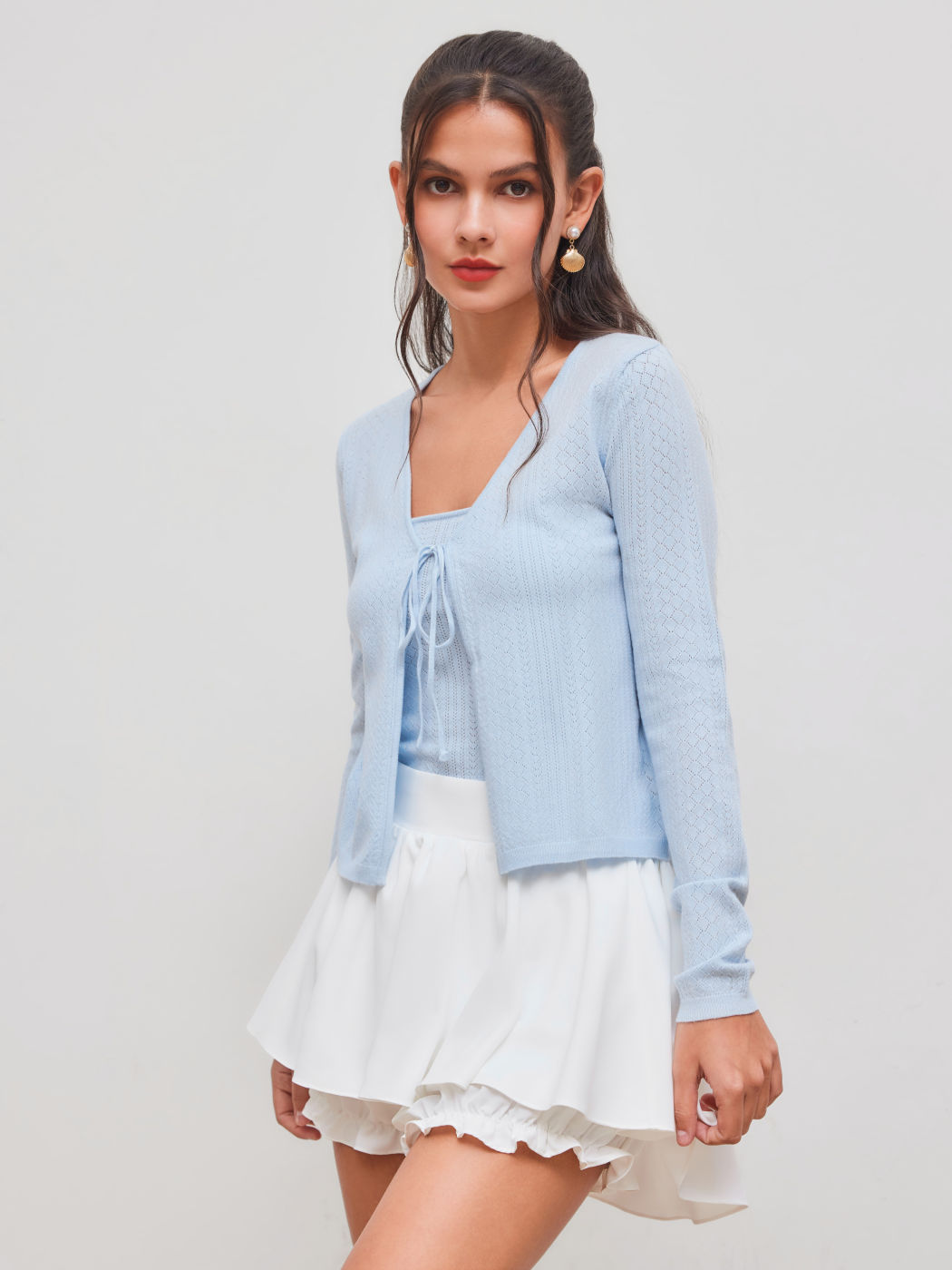 Strick V-Ausschnitt Einfarbiger Geknoteter Langarm Strickjacke mit Crop Tube Top