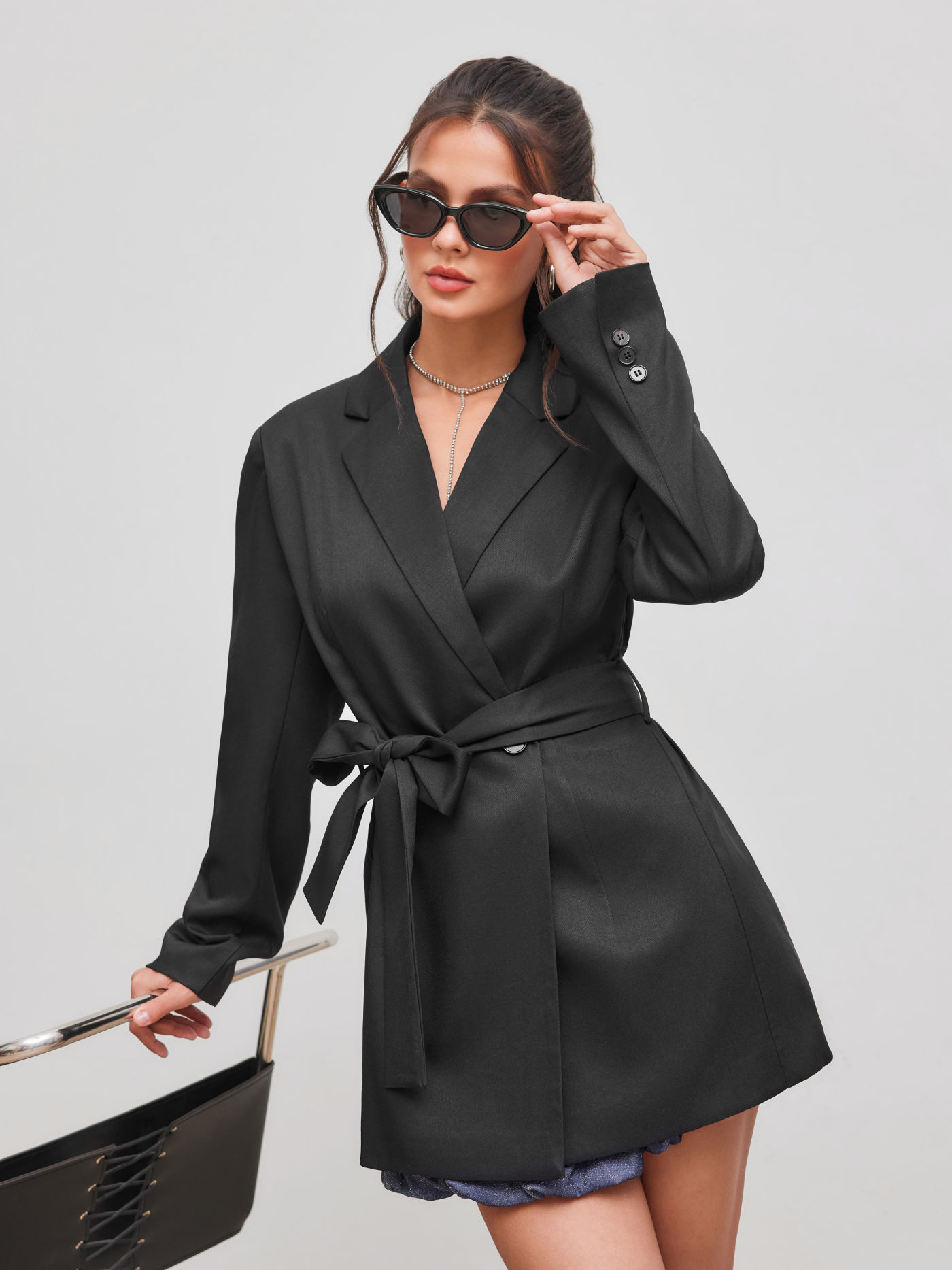 Jersey-Kragen Einfarbiger Langer Blazer Mit Gürtel