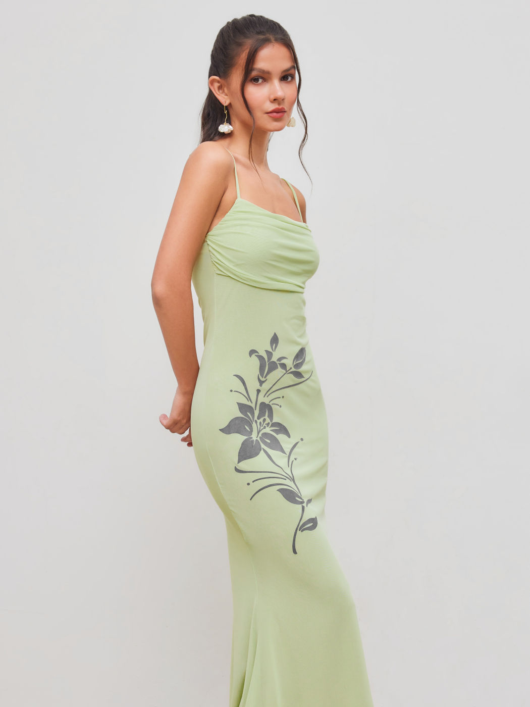 Mesh Square Neck Floral Ruched Mermaid Maxi Dress