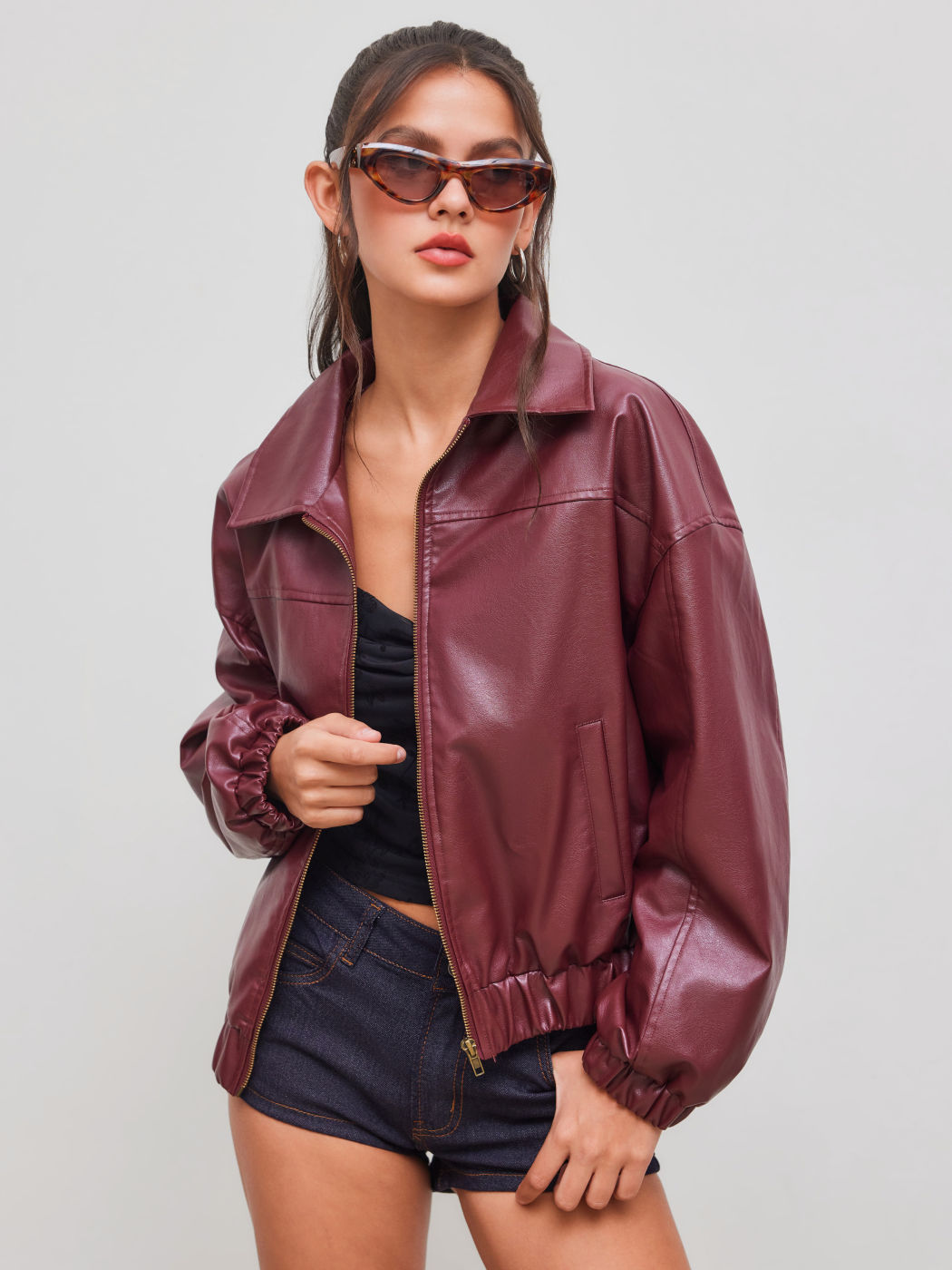 Faux Leather Collar Solid Pocket Zipper Bomber Jacket