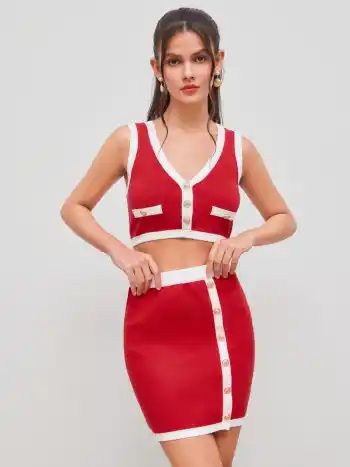 Strick V-Ausschnitt Kontrast Tanktop & Minirock