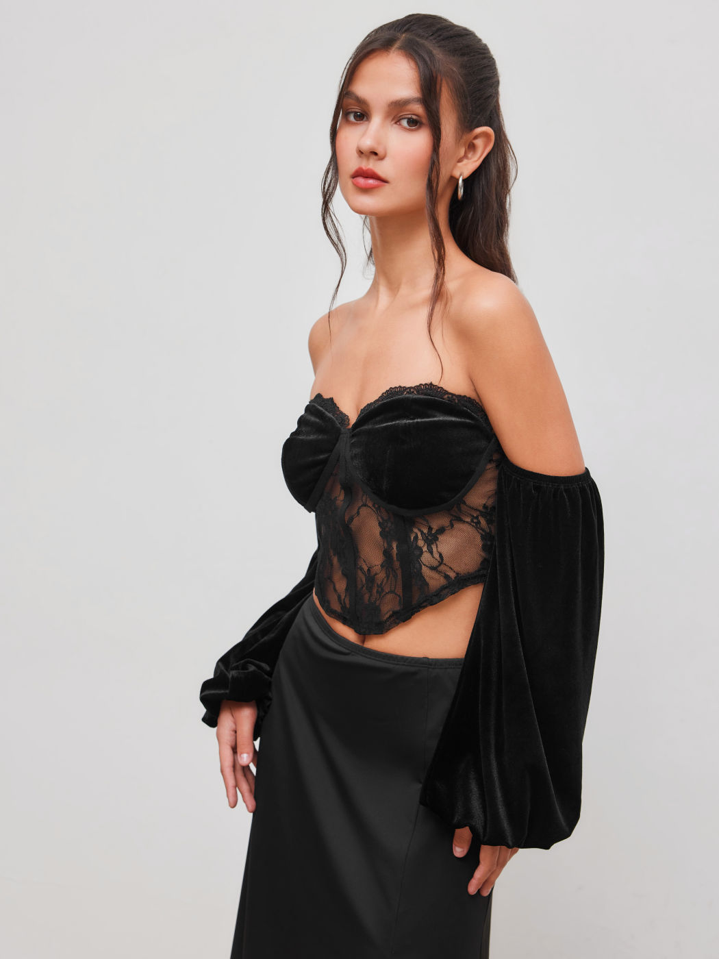 Velvet Off-shoulder Lace Tie Back Corset Crop Top