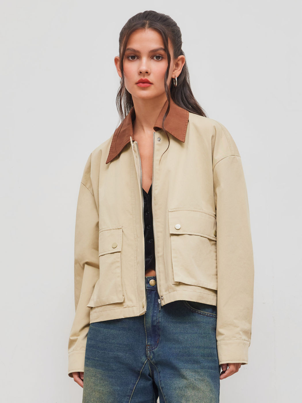 100% Cotton Collar Contrasting Binding Pocket Shacket