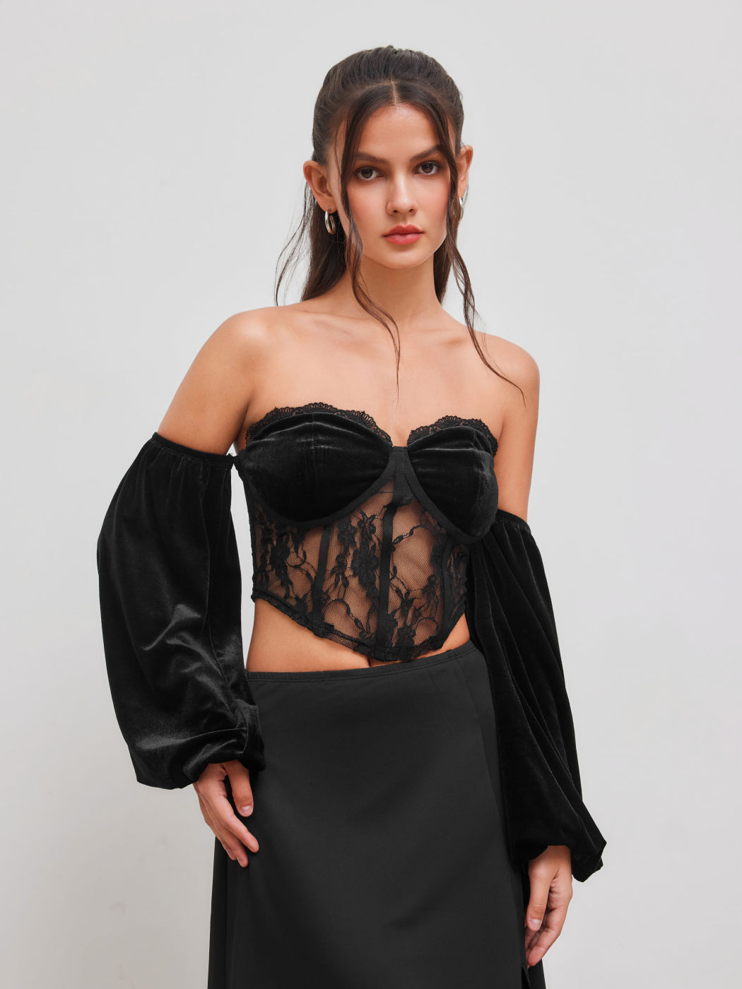 Velvet Off-shoulder Lace Tie Back Corset Crop Top