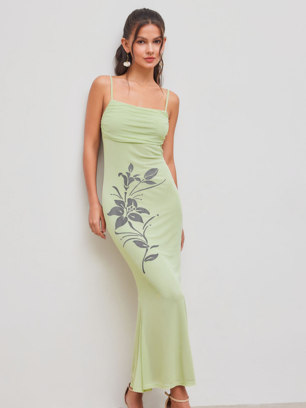 Mesh Square Neck Floral Ruched Mermaid Maxi Dress