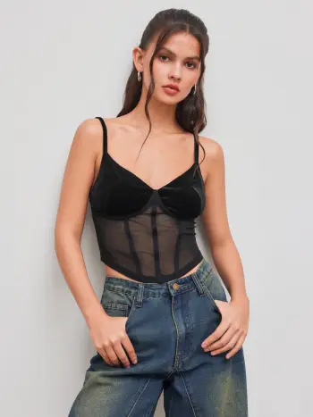 Top cami in velluto con scollo a V e allacciatura a corsetto