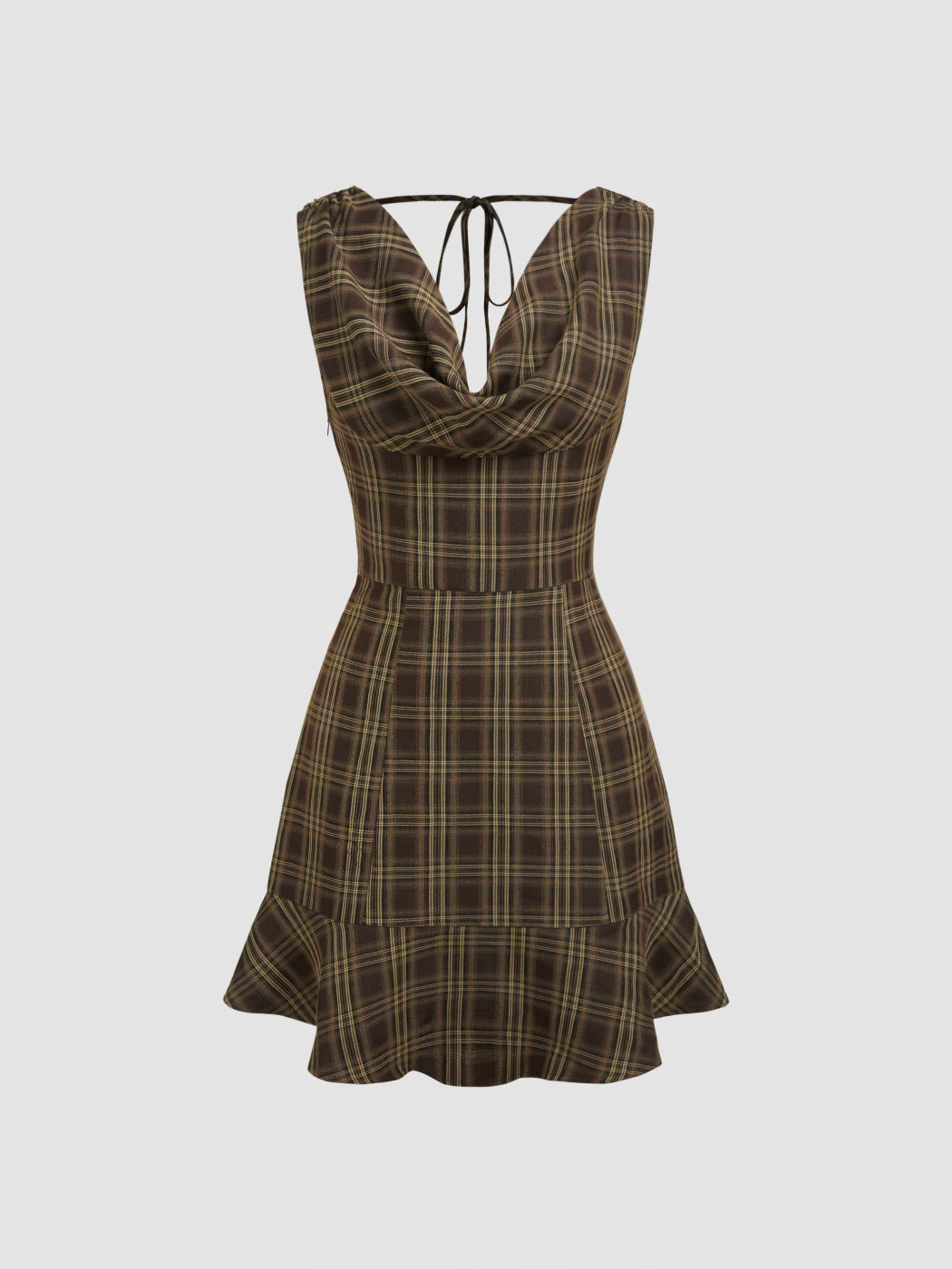 V-neck Checks Ruffle Knotted Mini Dress