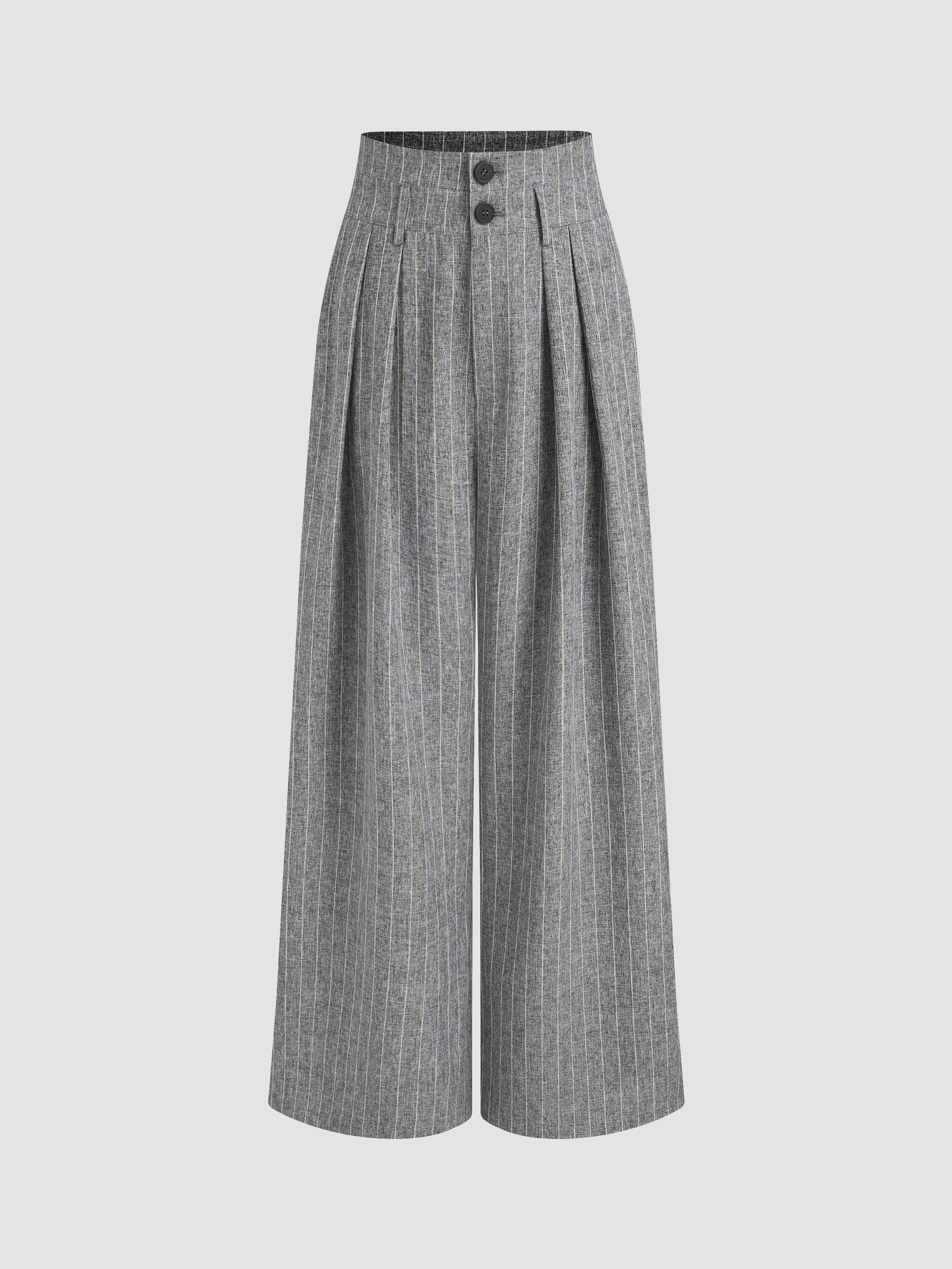 Woven Mid Waist Striped Pleated Button Trousers For Daily Casual Work