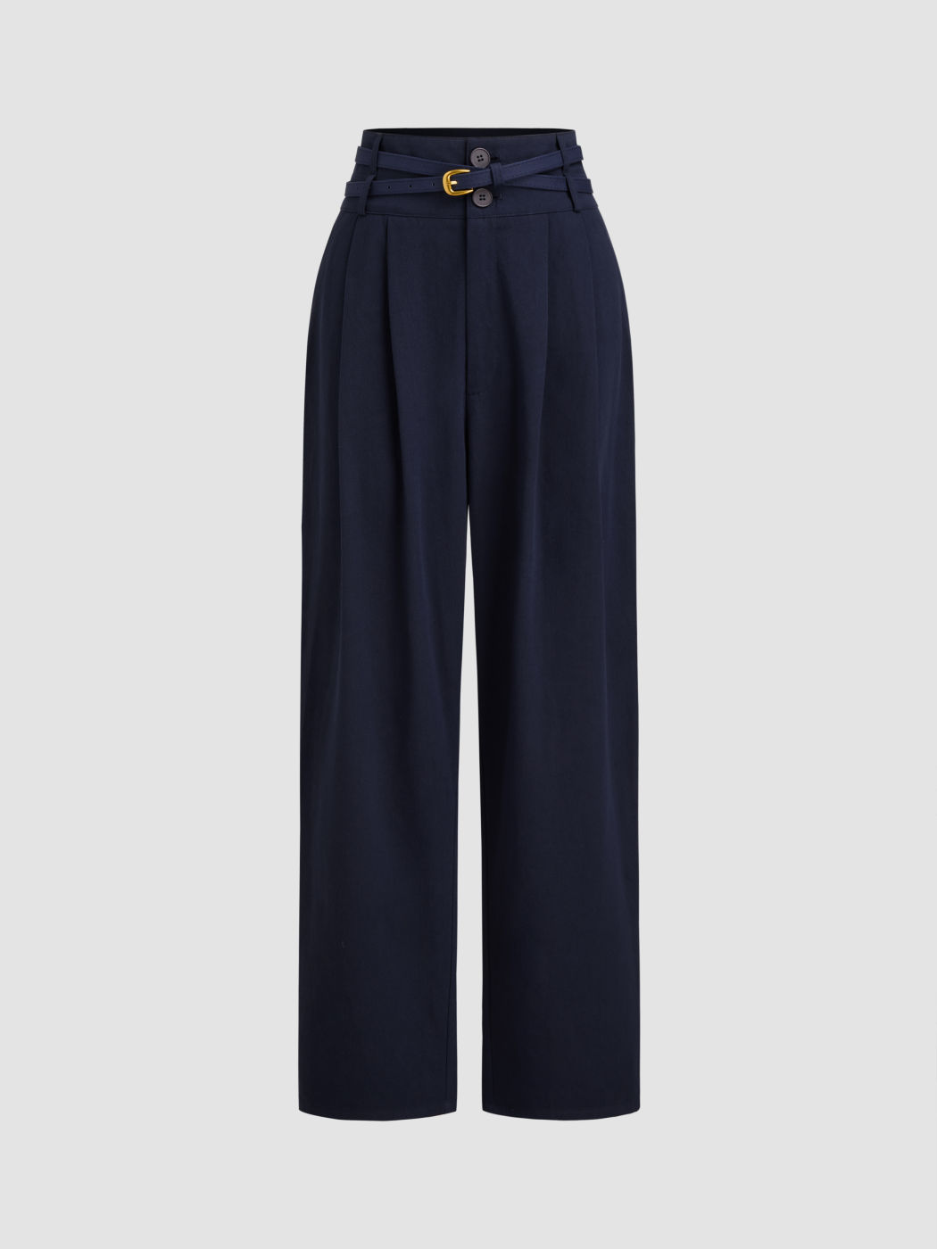 100% Cotton Mid Rise Solid Pleated Pocket Belted Tapered Trousers