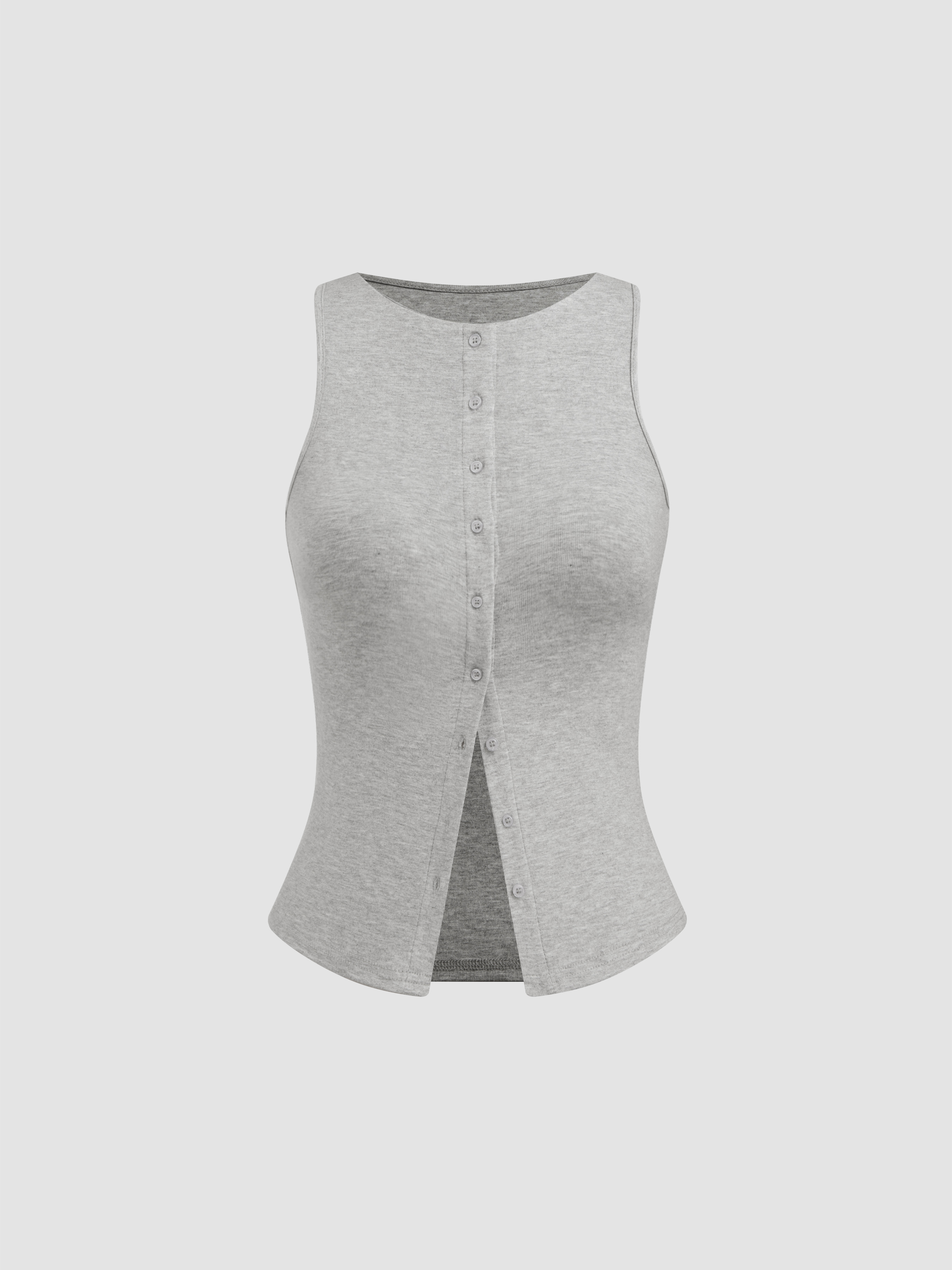 Knit Fabric Round Neckline Solid Button Crop Tank Top For Work