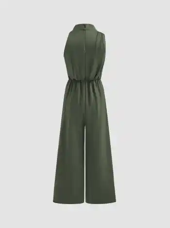 Satin-Hochkragen-Einfarbiges Reißverschluss-Pleated-Breitbein-Overall