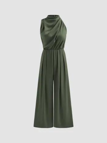 Satin-Hochkragen-Einfarbiges Reißverschluss-Pleated-Breitbein-Overall