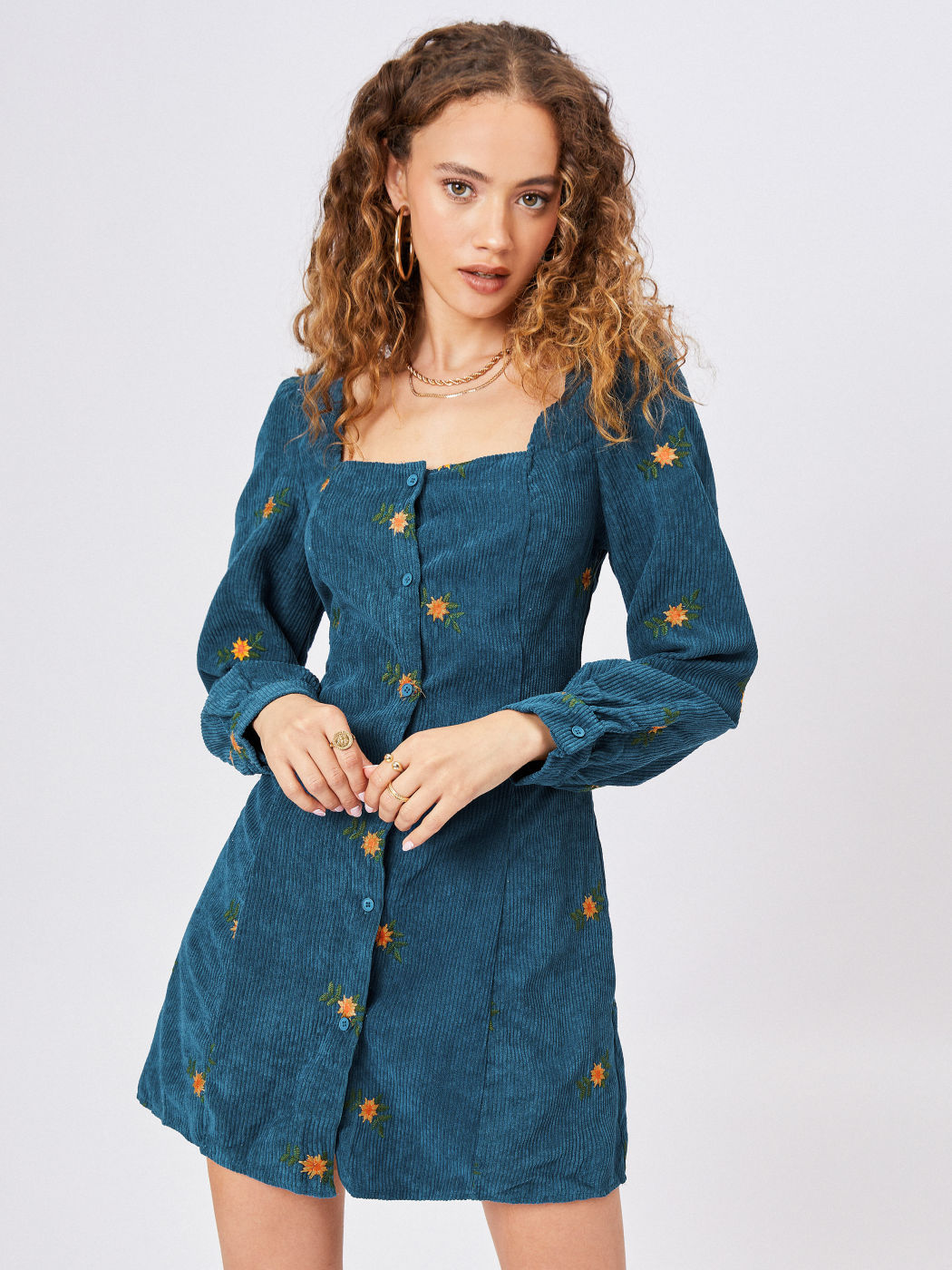 Floral Print Corduroy Mini Dress