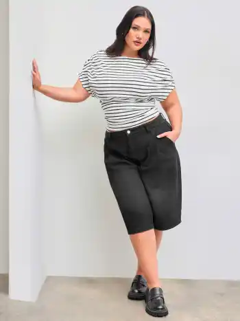 Cotton-blend Asymmetrical Neck Striped Ruched Short Sleeve Top Curve & Plus