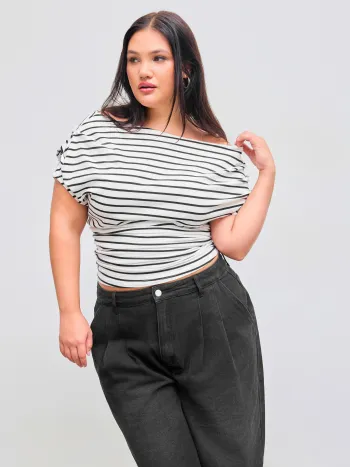 Cotton-blend Asymmetrical Neck Striped Ruched Short Sleeve Top Curve & Plus