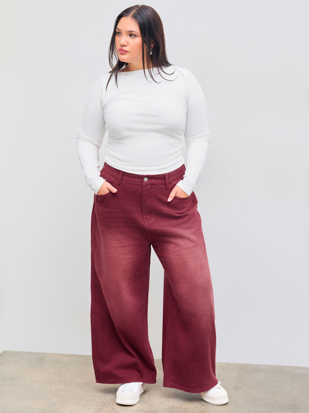 Cotton-blend Boat Neckline Solid Ruched Long Sleeve Crop Tee Curve & Plus