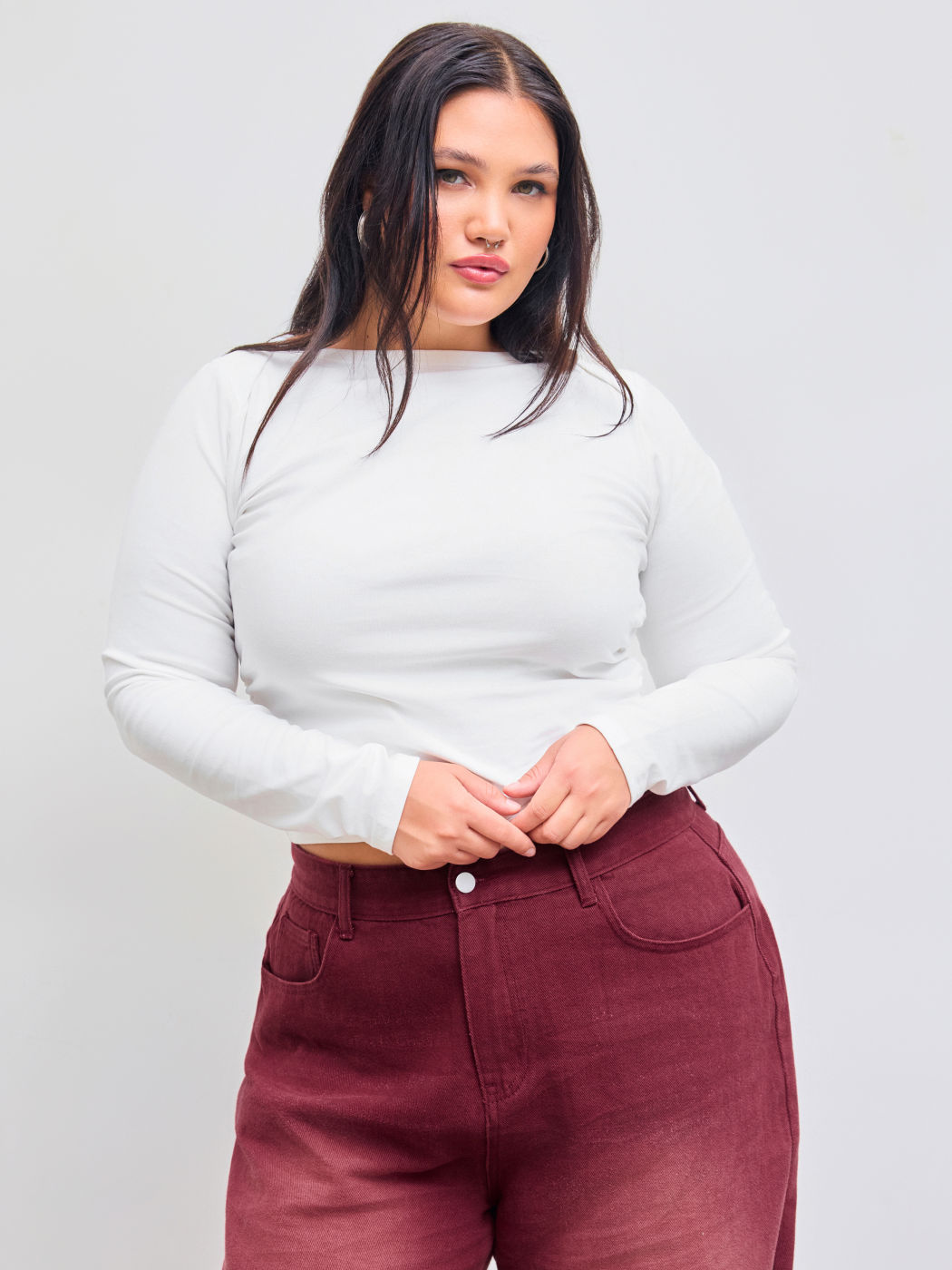 Cotton-blend Boat Neckline Solid Ruched Long Sleeve Crop Tee Curve & Plus