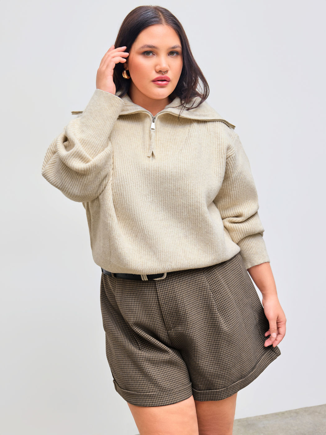 Wool-blend Collar Solid Zipper Long Sleeve Knitted Sweater Curve & Plus
