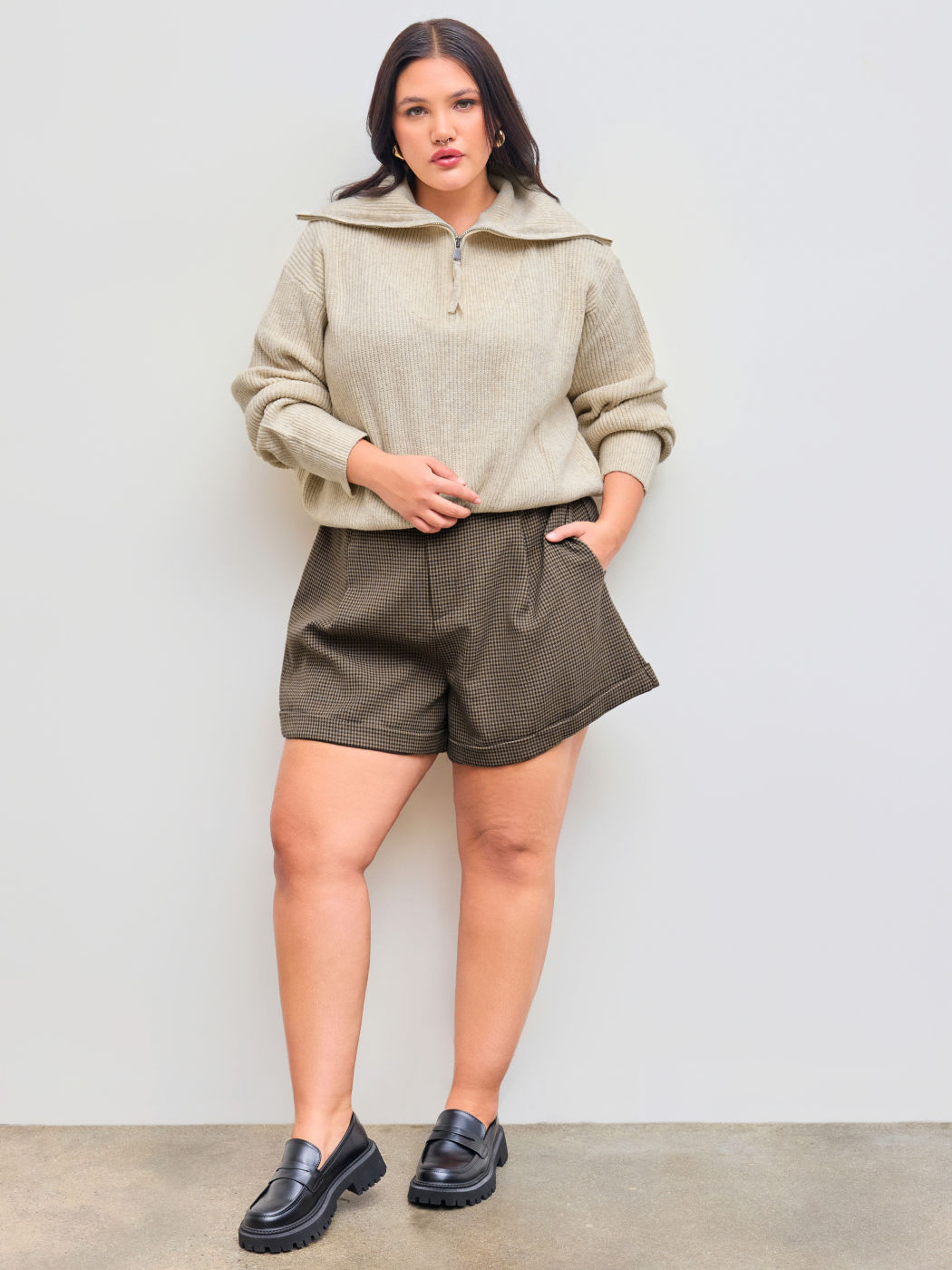 Wool-blend Collar Solid Zipper Long Sleeve Knitted Sweater Curve & Plus