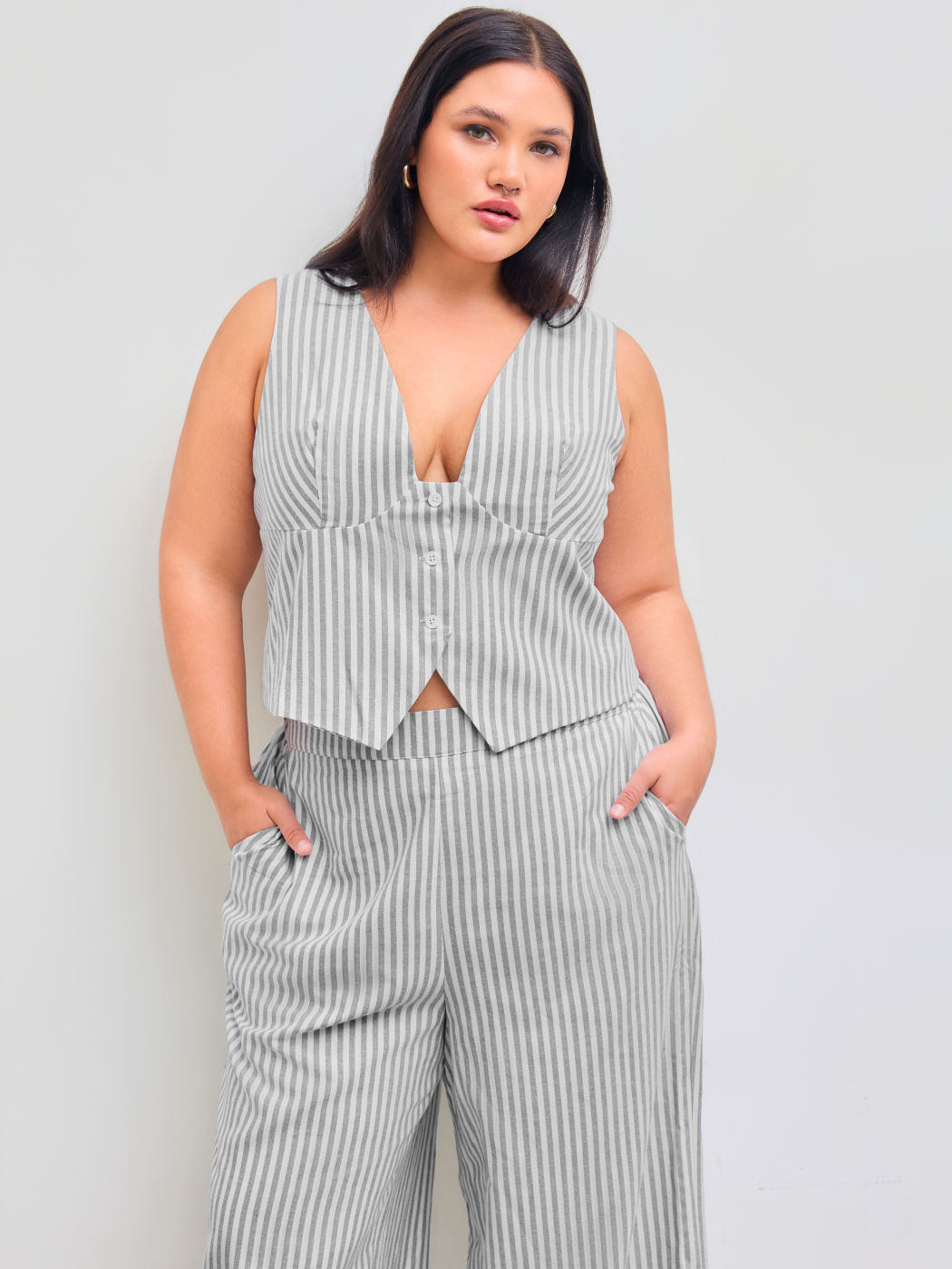 Cotton-blend V-neck Striped Belted Vest & Striped Pocket Straight Leg Trousers Curve & Plus