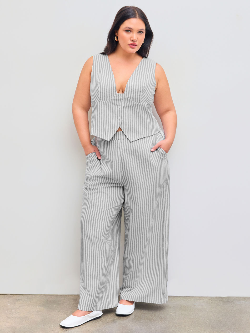 Cotton-blend V-neck Striped Belted Vest & Striped Pocket Straight Leg Trousers Curve & Plus