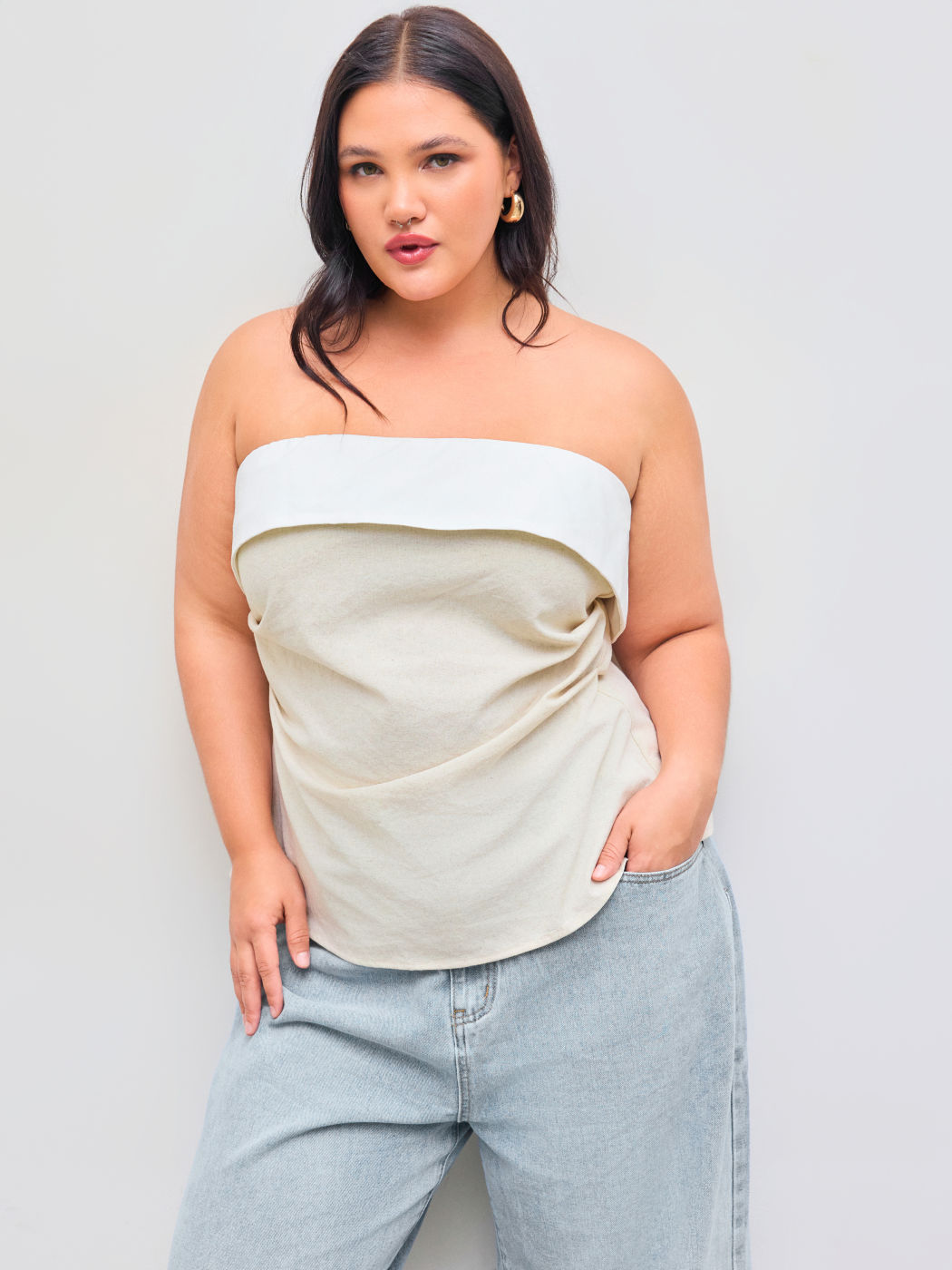 Leinen-Mix Trägerlos Einfarbig Reißverschluss Rüschen Tube Top Kurve & Plus
