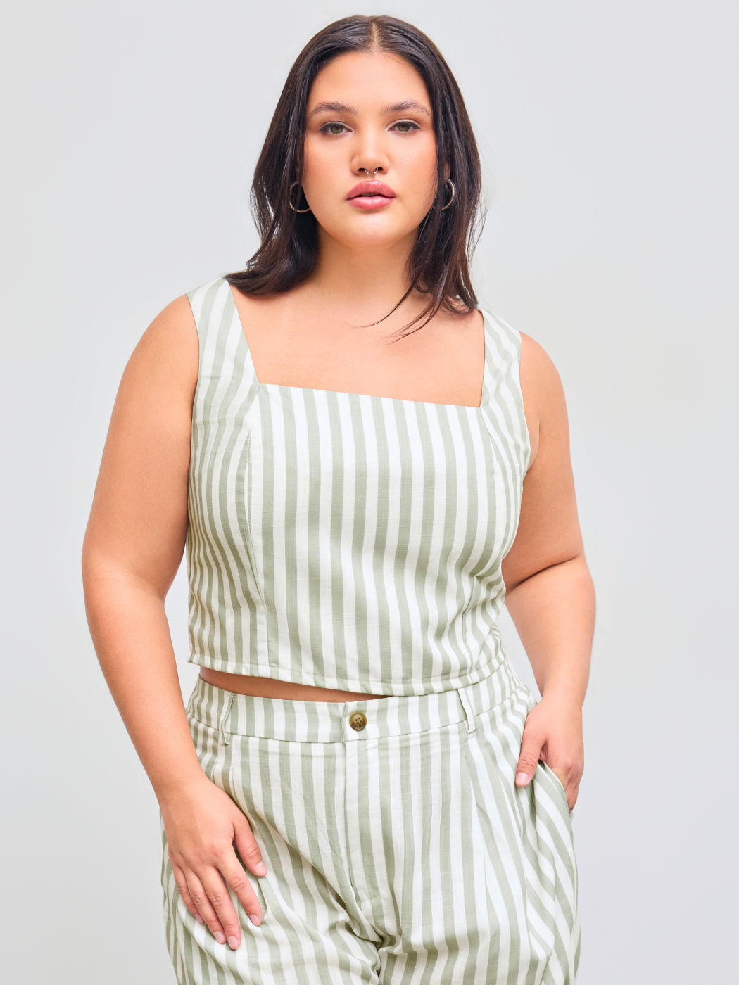 Square Neck Striped Shirred Tank Top Curve & Plus